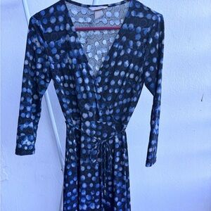 H&M Blue and Black Polka Dot Long Sleeve Wrap Around Dress
